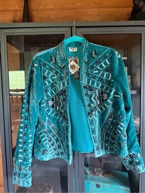 Crazy Train Teal Velvet Embroidered Open Jacket